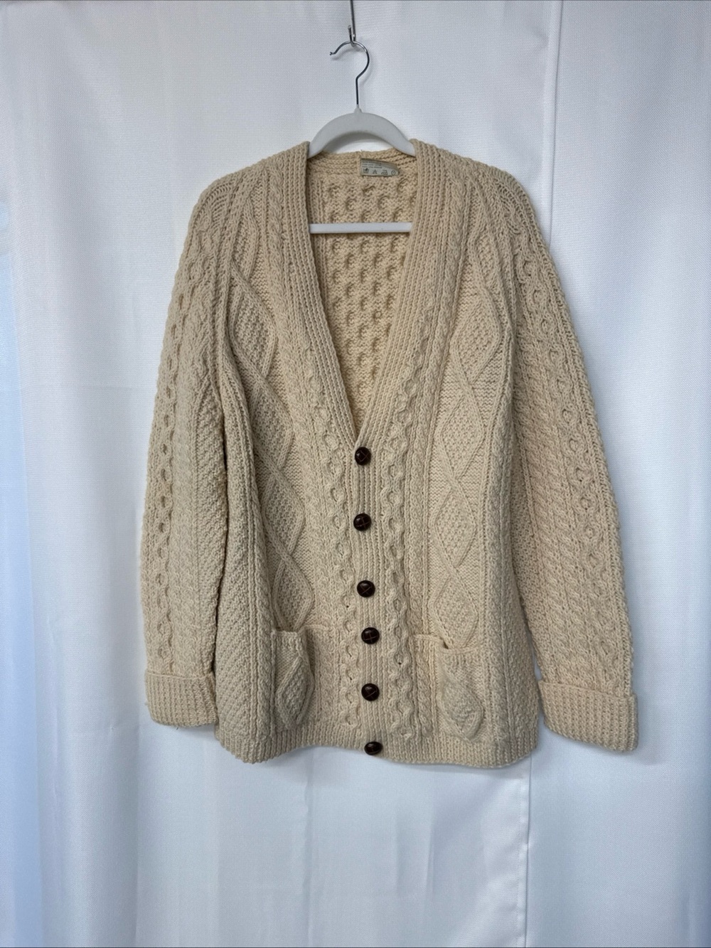 VTG Carraig Hand Knit Aran Wool Cable Knit Cardigan Sz XL Ivory Boyfriend Unisex